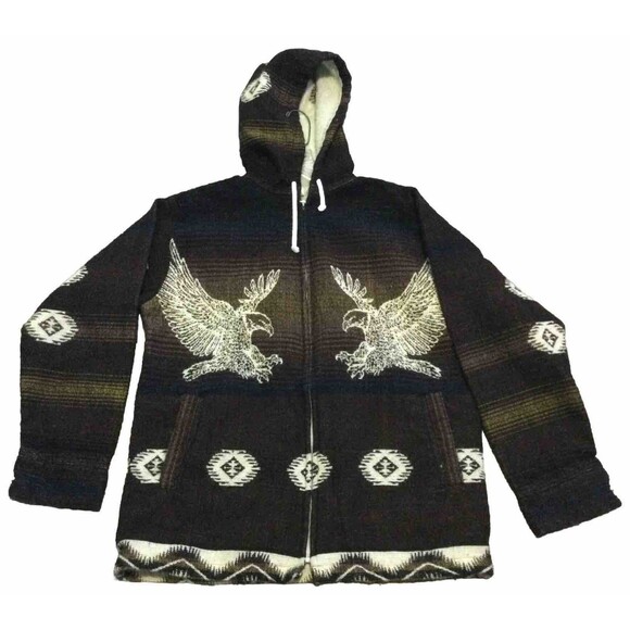 Vintage Tejidos Brown Aztec Southwest Hoodie Tribal Ecuador Zip Sweater Jacket M - Picture 1 of 12